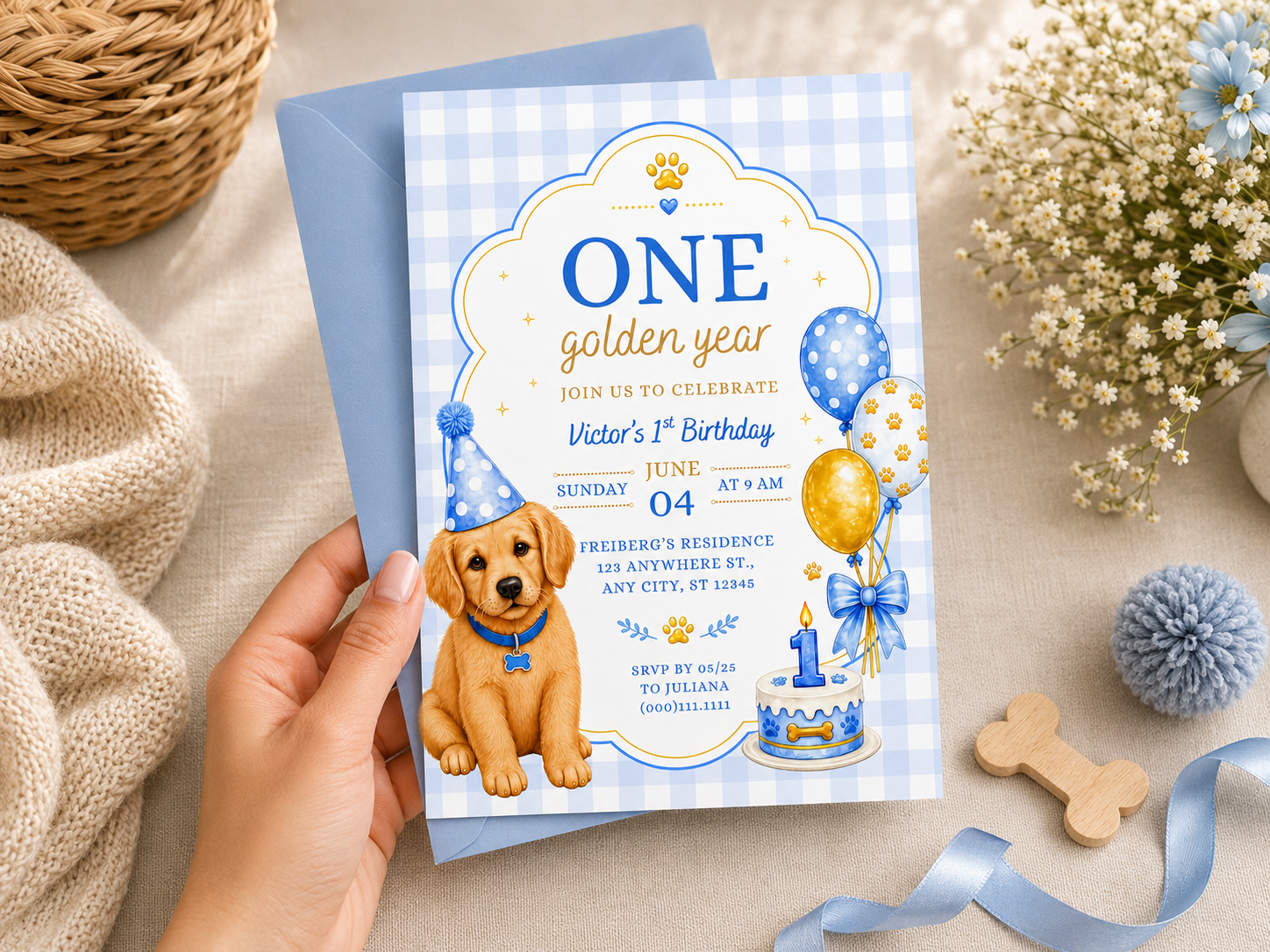 One Golden Year Blue Invite Template