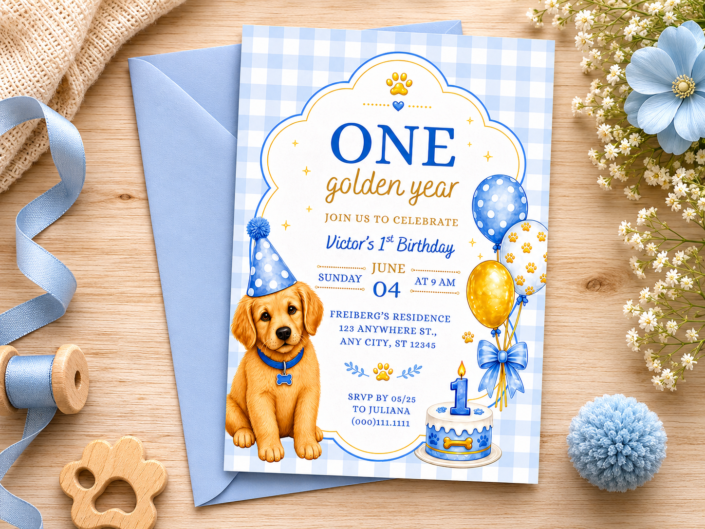 One Golden Year Blue Invite Template