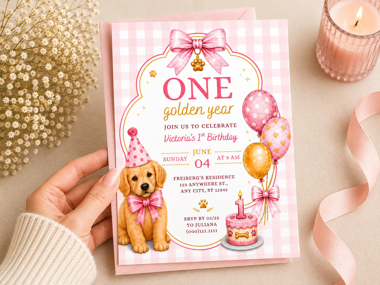 One Golden Year Pink Invite Template