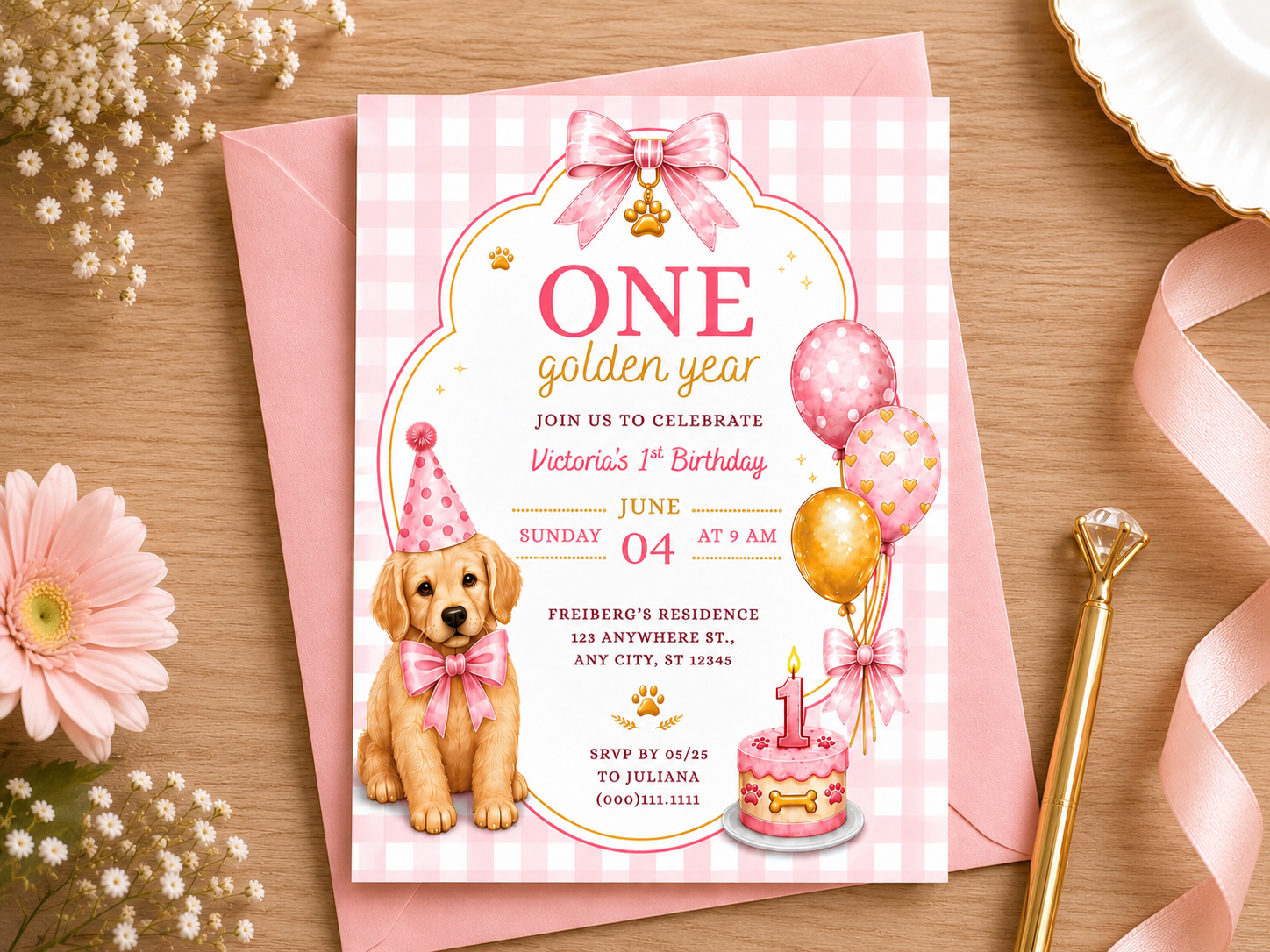 One Golden Year Pink Invite Template